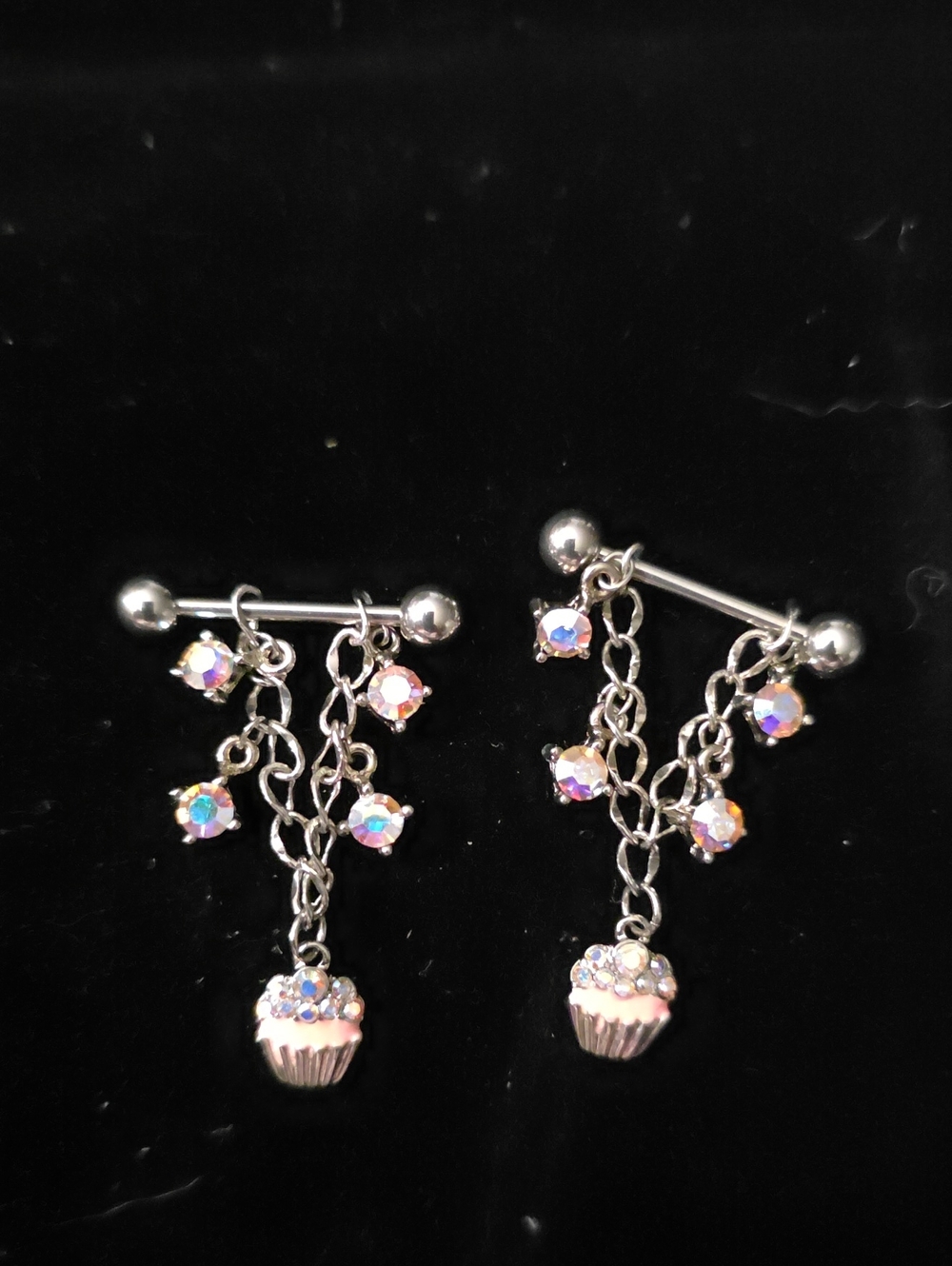 Silver-tone Cupcake Dangle Nipple Jewelry with Iridescent Crystals